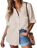 Hotouch Bluse Damen Langarm Hemdbluse Sommer Freizeit Blusen Elegant Hemd Basic Einfarbig Oberteile mit Knöpfen Beige S