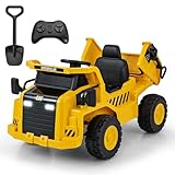 COSTWAY Caterpillar Elektroauto für Kinder, 12V Muldenkipper zum Draufsitzen mit Sandschaufel & Kippbett & Megafon, Elektro Kinderauto mit Fernbedienung, Aufsitz Kipper für Kinder ab 3 Jahren
