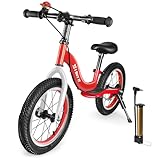 I BUY IT 16 Zoll Laufrad ab 4 5 6 7 Jahre Jungen Mädchen, Verstellbares Kinder Laufräder mit Bremse & Ständer, Kinderlaufrad ohne Pedale mit Luftreifen & Fußstütze (Rot & Weiß, 16 Zoll)