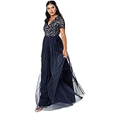 Maya Deluxe Damen Ballkleid Abendkleid V-ausschnitt Maxi Länge Pailletten Kurze Ärmel Für Hochzeit Geburtstag Brautjungfer Bridesmaid Dress, Navy, 50 EU