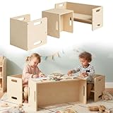 Bellabino Aki Kindersitzgarnitur - Kindermöbel Set 3 teilig - 2in1 Kinderhocker/Beistelltisch aus Holz Natur - Montessori Wendebank Birke - Kindersitzgruppe Indoor - Kindertisch mit Kinderstuhl