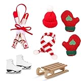 RTUOHUIN Wichtel Schlitten Set, 9 Stück Miniatur Wichtel Zubehör, Wichteltür Zubehör Weihnachten inkl.Ski Schlitten Schlittschuhe Mütze Schals Handschuhe, Kinderzimmer Dekoration für Weihnachten