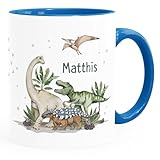 SpecialMe® Kindertasse Dino mit Namen personalisiert Dinosaurier T-Rex Tasse aus Keramik für Kinder Jungen Mädchen weiß-innen-blau standard