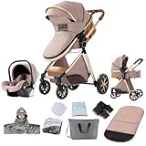 Reenborn Kinderwagen 3 in 1, Buggy mit Zwei Umkehrbaren Schiebemodi, Kinderwagen mit Rahmen Aluminiumlegierung, Kombikinderwagen 3 in 1 Komplettset mit Ein-Klick-Faltdesign (V9 Khaki)