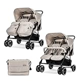 Lorelli Zwillingskinderwagen, Twin Zwillingsbuggy klappbar für 2 Kinder, Leicht, Kompakter Zwillingswagen, Geschwister Kinderwagen mit Einhand-Klappsystem, Beige