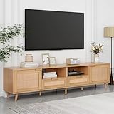 HAUSPROFI 200cm TV-Ständer im Rattan-Design – Natürlicher Look mit Massivholzfüßen & Verstellbaren Beinen | Vielseitig & Einfach Montierbar