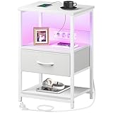 Rolanstar Nachttisch mit LED, Beistelltisch mit Steckdose & Stoffschublade, 3-stufiger Sofatisch mit offenem Regal, perfekt für Schlafzimmer Wohnzimmer kleine Räume, Weiß, 40 x 30 x 60 cm