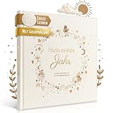 EULENTALER® Das Babyalbum mein erstes Jahr 'SCANDI' I Von Pädagogen gestaltet I Mit handgemalten süßen Illustrationen I Leinencover + Farb/Goldprägung I Babytagebuch für Jungs & Mädchen zur Geburt