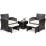 GIANTEX 5er Set Rattan Gartenmöbel, Balkonmöbel Kleiner Balkon, Balkon Möbel 2 Rattansessel mit Hocker, Gartenlounge Set Terrassenmöbel mit Tisch, Gartengarnitur Gartenset Möbel (Weiße Kissen)