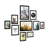 PHOTOLINI Bilderrahmen Set Schwarz, Fotorahmen Holz MDF, 10er Bilderrahmenset Wand Collage, Photo Frames for Wall mit Acrylglas aufhängen, Schwarze Bilderrahmen Set Verschiedene Größen mit Zubehör