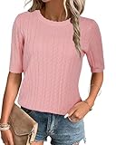 Arach&Cloz Pullover Damen Kurzarm Frühjahr Sommer Herbst Strickpullover Stricken Shirt Casual Rundhals Bluse Tops(Rosa,M)