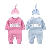culbutomind baby Zwillinge Baby Bodys Doppel Ärger süßes Outfit mit Hut Baby Pyjamas Zwillinge Geschenk(Pulverblau 3M)