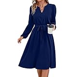 Yageshark Kleider für Damen Midikleid Langarm V-Ausschnitt Einfarbige Hemdkleid Elegant Casual Frauen Tunika Kleid (Marine,L)