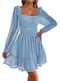 Imily Bela Damen Kleider Square Neck Partykleid Mesh Minikleid High Waist Falten Langarmkleid Hochzeitsgast mit Rüschen(Hellblau, M)