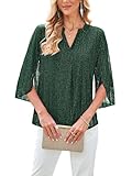 Toplop Damen Bluse 3/4 Arm Tunika V-Ausschnitt Doppellagig Oberteil Damen Elegant Glockenärmeln Blusen Tops Hemd Dunkelgrün M