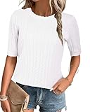 Arach&Cloz Damen 2024 Sommer Pullover Frühling Tops Kurzarm Casual Blusen Rundhals Stricken Shirt(Weiß,M)