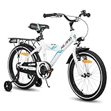 HILAND 18 Zoll Kinderfahrrad,StVZO,für Jungen Kinder ab 4,5,6 Jahren mit Rücksitz/Gepäckträger Stützräder Handbremse und Rücktrittbremse Weiß
