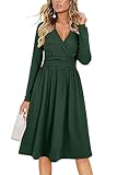 OUGES Kleid Damen Winterkleid V-Ausschnitt Langarm Casual Kleider Knielang Freizeitkleid Midi Herbstkleid mit Taschen(Dunkelgrün-01,M)