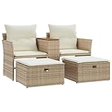 vidaXL Gartensofa 2-Sitzer, Outdoor Sofa mit eingebauter Ablage, Terrassensofa mit Hockern, Gartenmöbel Sofagarnitur Gartengarnitur, Beige Poly Rattan