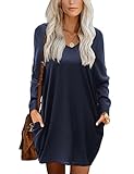 Beluring Damen Lässig V Ausschnitt Kleid Bequem Langarm Tunika Shirtkleider Navy Blau L