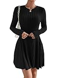 GORGLITTER Damen A-Linie Freizeitkleid Rundkragen Kurz Kleider Hohe Taille Langarm Skaterkleid Schwarz S