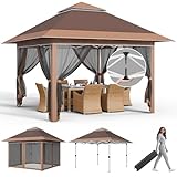 JUMMICO Pop Up Pavillon 3,24x3,24 Wasserdicht Stabil Winterfest mit 4 Moskitonetz Seitenteilen, Faltpavillon UV Schutz 50+, Doppeldach Pavillion für Patio Familientreffen,Braun