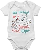 Baby Body Junge Mädchen - Zur Geburt - Ihr werdet Oma und Opa - Storch - 1/3 Monate - Weiß - Geschenke für werdende Omas Born oma. Strampler Schwangerschaft verkünden Ideen Pregnancy - BZ10