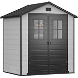 YITAHOME Kunststoff Gartenhaus 6x4.4 Fuß mit Boden, Wetterfester Aufbewahrungsschuppen mit verschließbaren Türen, Fenstern & Belüftung für Gartenwerkzeuge, Fahrräder, 183x135x208 cm, Grau Schwarz