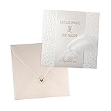 Weddix Klassische Einladungskarte Christina, 3 Stück zur Hochzeit, Creme mit weißer Feder - blanko Hochzeitseinladung mit Umschlag Siegelettikett