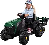 Actionbikes Motors Elektro Kindertraktor mit Anhänger | 2 x 12 V 45 W Motor - 12 Volt 7 Ah Batterie - 2,4 Ghz Fernbedienung - Kinder Elektro Traktor Spielzeug ab 3 Jahre - Elektroauto (Grün/Schwarz)