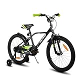 Hiland 20 Zoll Kinderfahrrad, Jungen Fahrrad für 7 8 9 10 Jahre, mit Stützrädern, Kinderfahrrad mit Handbremse und Rücktrittbremse, Schwarz und Grün