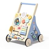 Lauflernwagen Holz, Ozean Baby Lauflernhilfe mit Multifunktional Montessori Spielzeug, Holzspielzeug mit Rädern und Stauraum, Baby Walker Geschenk für Jungen und Mädchen