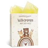 COMOOKA Geschenktüte Geschenke zur Geburt 25x21x10cm XL Geschenk Willkommen auf der Welt Baby für Junge Mädchen Geschenktasche mit Henkel Babyparty Neutral Baby Shower Papiertüten mit Griff