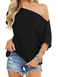 Eniloyal One Shoulder Oberteil Damen Oversize Tshirt Elegant Sexy mit Fledermausärme Schulterfrei Tops Shirts Kurzarm Sommer Schwarz S