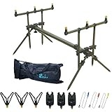 Master Rod Pod Rutenhalter Aluminium Deluxe für 3 Ruten inkl. Rutenauflagen Tasche (Grün Rutehhalter und Scharz Bissanzeiger)