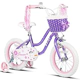 Glerc Daisy 16 Zoll Kinderfahrrad Alter 4 5 6 7 Jahre alte Mädchen Fahrrad mit Stützrädern & Korb & Luftschlangen，Lila