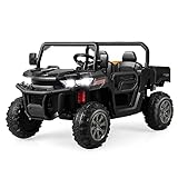 GOPLUS Kinder Elektroauto, 2-Sitzer Kinderauto mit Kippbett, Schaufel & Fernbedienung & Musik & Scheinwerfer & Hupe, 12V Kinderfahrzeug mit Slow-Start-Funktion & Sicherheitsgurt (Schwarz)