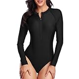 Beachkini One-Piece Swimsuit for Women Long-Sleeved with Front Zip Triangle Swimsuit,Bright Black,M