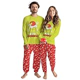United Labels Grinch Schlafanzug für Damen und Herren, Grün Rot, L, Pyjama Set lang, Schlafanzug Winter Weihnachten