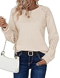 Zeagoo Pullover Damen Strickpullover Langarm Rundhals Locker Elegant Weich Warm Ajour Strickpulli Herbst Winter Beige L