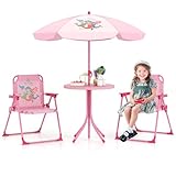 DREAMADE Kindersitzgruppe mit Sonnenschirm, Kindertisch mit 2 Klappstühlen, Kinder Picknicktisch mit höhenverstellbarem Schirm & niedlichem Muster, Kinder Gartenmöbel für Indoor & Outdoor (Rosa)