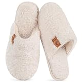 EverFoams Damen Scuff Hausschuhe Gemütlich Weiches Flauschiges Kunstalpaka Memoryschaum Leichte Rutschfeste Pantoffeln Creme Weiß, 40-41 EU