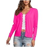 Generisch Damen Strickjacke Kurz Damen Strickjacke mit V‑Ausschnitt & Knopfleiste – Lange Ärmel, Rippstrick & Scallop‑Details, Leicht & Locker – Cardigan für Freizeit & Büro Hot Rosa