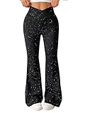 SOLY HUX Damen Hosen Elegant Glitzer Schlaghose Fashion Schlagleggings Elastischer Taille Casualhose Herbst Party Outfit Schwarz L