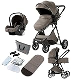 Reenborn Kinderwagen 3 in 1, Buggy mit Zwei Umkehrbaren Schiebemodi, Kinderwagen mit Rahmen Aluminiumlegierung, Kombikinderwagen 3 in 1 Komplettset mit Ein-Klick-Faltdesign (V9 Chocolate)