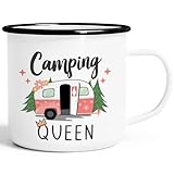 MoonWorks® Emaille-Tasse Camping Queen King Wohnwagen Geschenk Camper Campingurlaub Zubehör Queen emaille-weiß-schwarz standard
