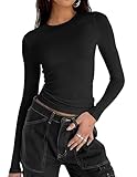 Zeagoo Damen Basic T-Shirt Langarm Y2K Crop Tops Slim Fit Casual Rundhals Oberteile Klassischer Tee Shirt Schwarz M