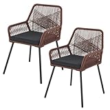 Juskys Rope Gartenstühle Kastos 2er Set - Outdoor Stuhl mit Armlehne & Kissen - Gartenstuhl 150 kg belastbar - Garten Balkon - Stühle Braun