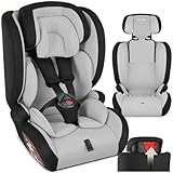tectake® Autositz mit 5-Punkt-Gurt, i-Size Zulassung, mit Seitenaufprallschutz, Kindersitz Sitzerhöhung für Kinder von 76-150 cm, bis 36 kg, Kindersitzerhöhung, ohne Isofix - hellgrau/schwarz