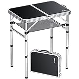 Anbte Campingtisch Klapptisch Aluminium Falttisch 3 Höhen Verstellbarer Camping Tisch mit Aufbewahrungsnetz Tragbar Klapp-Picknicktisch für Picknick Camping Strand Balkon (Schwarz)